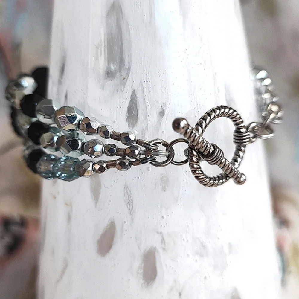 Glass Button Icy Blue Beaded Silver Tone Triple Strand Toggle Clasp Bracelet
